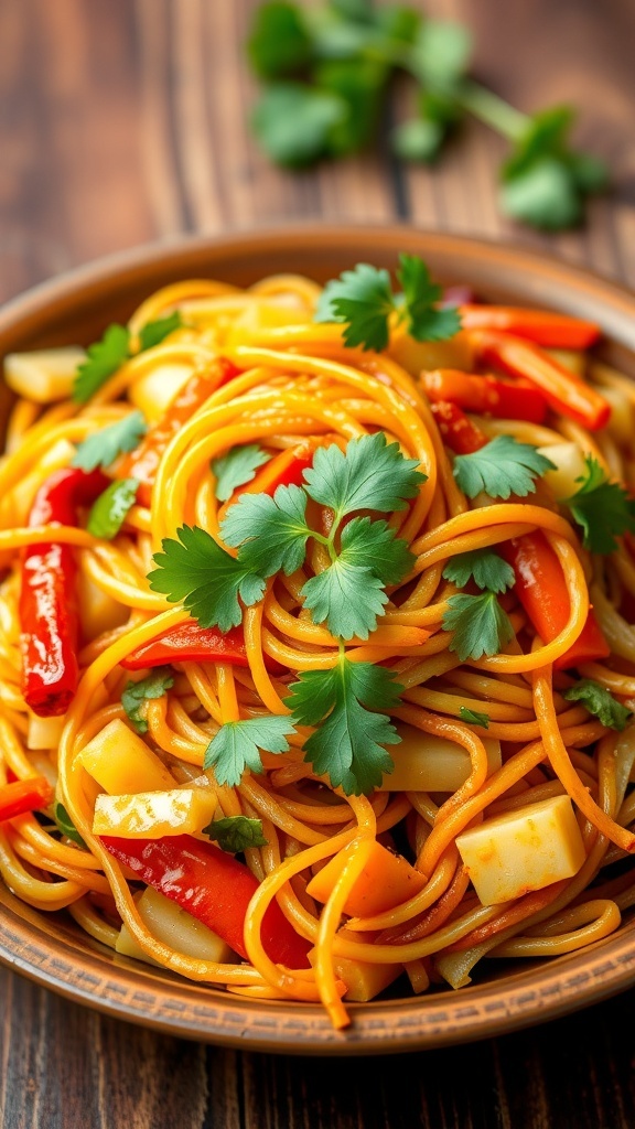 A plate of spicy Indian noodles with vegetables, garnished with coriander on a wooden table.